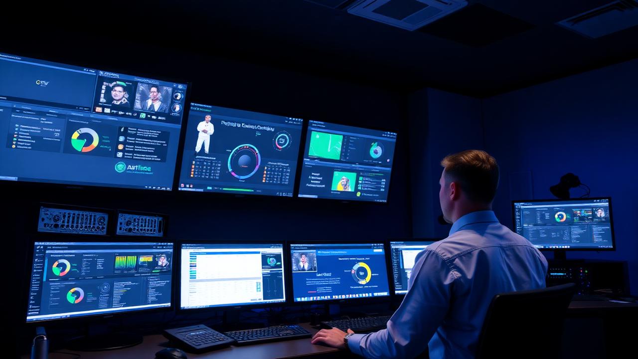 Engineer monitoring a dark control room filled with networked displays