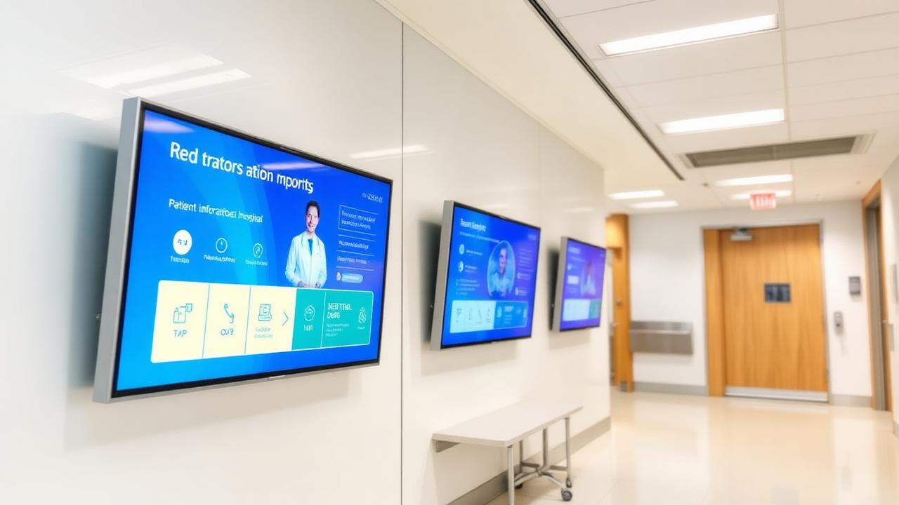 Hospital corridor with wall-mounted patient information displays