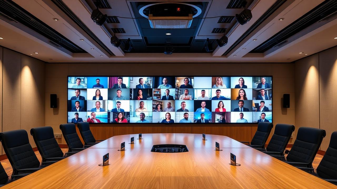 Boardroom with a wide video wall showing remote meeting participants