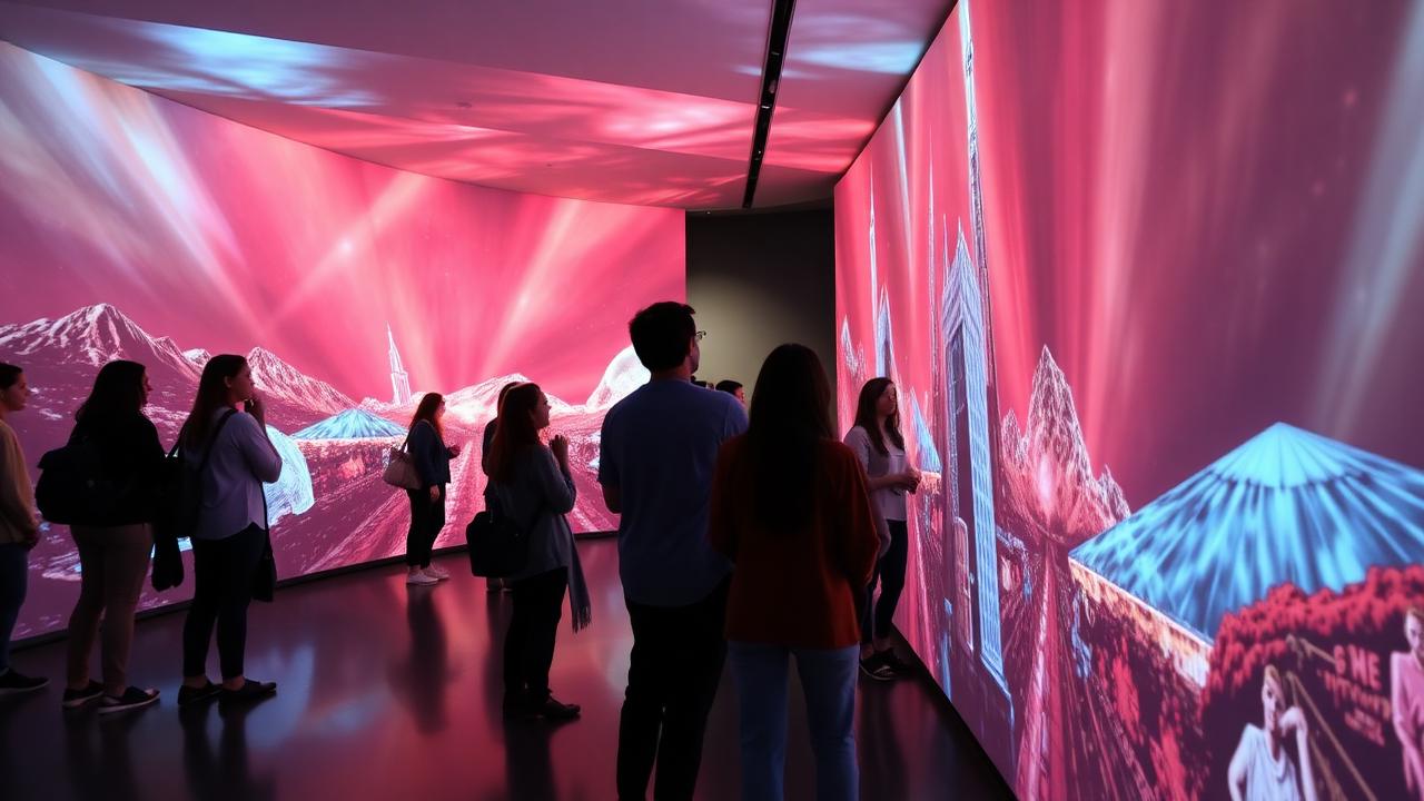 Visitors inside an immersive projection room with floor-to-ceiling imagery
