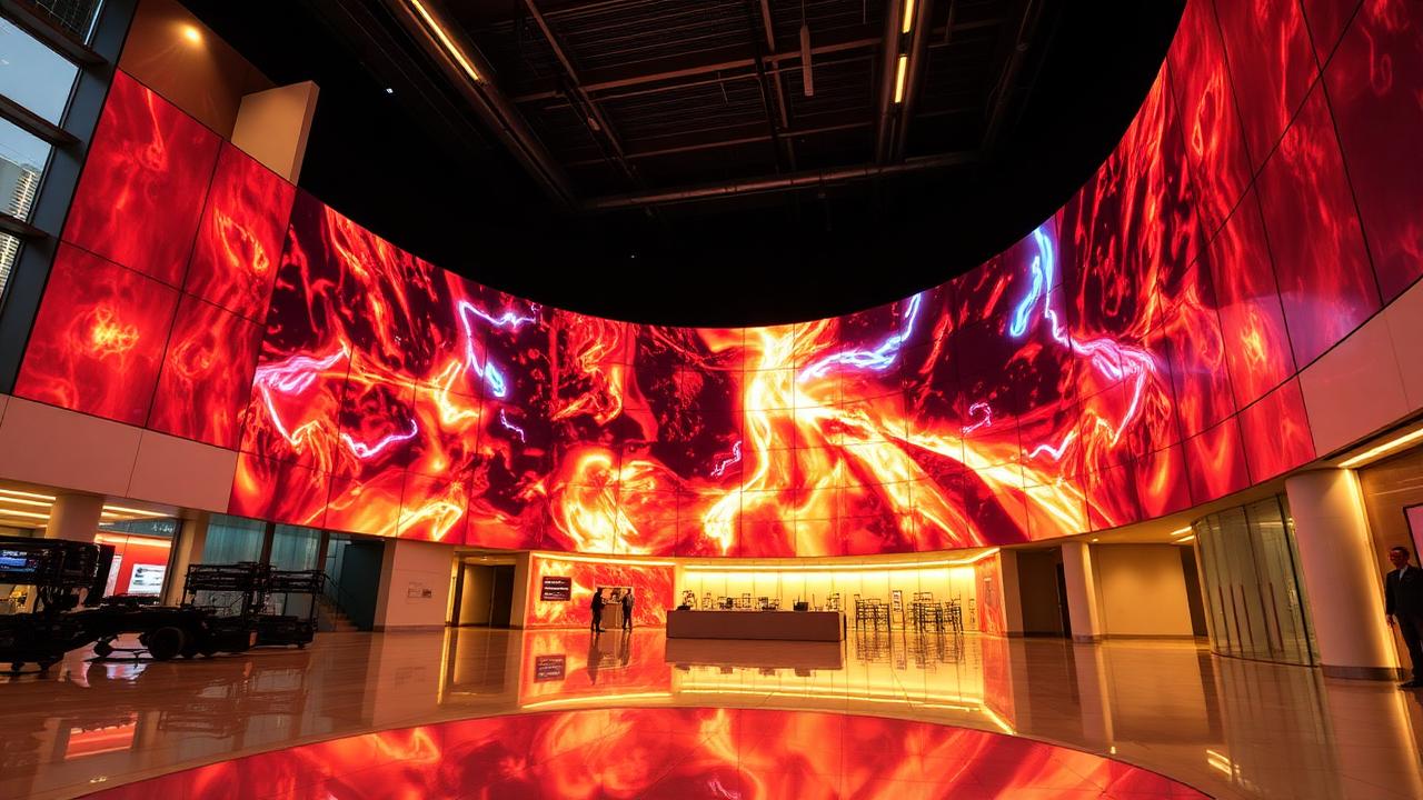 Curved fine-pitch LED video wall wrapping a double-height lobby