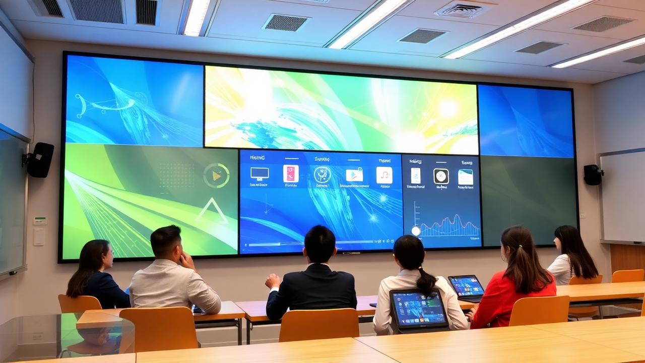 Students in a smart classroom facing a large multi-window video wall