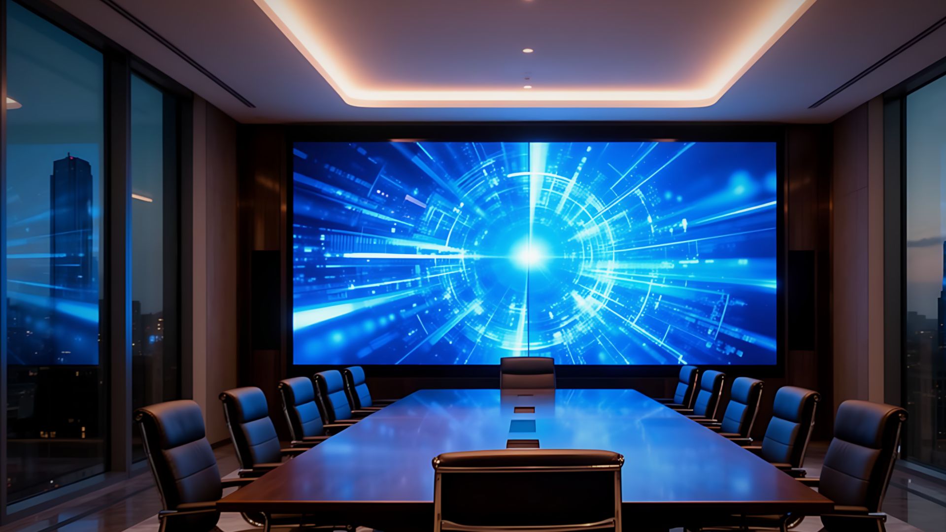 Boardroom at dusk with a wall-sized LED display above a long conference table