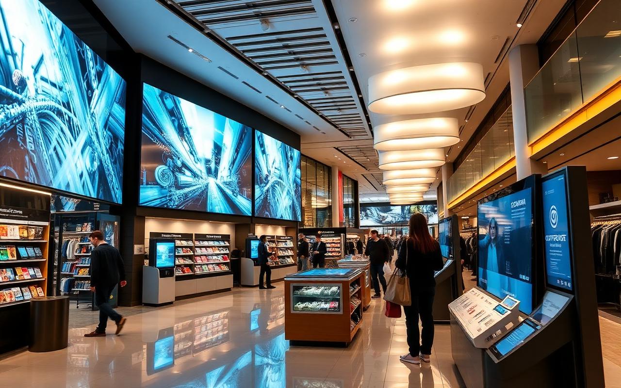 Retail store with digital signage screens and interactive kiosks