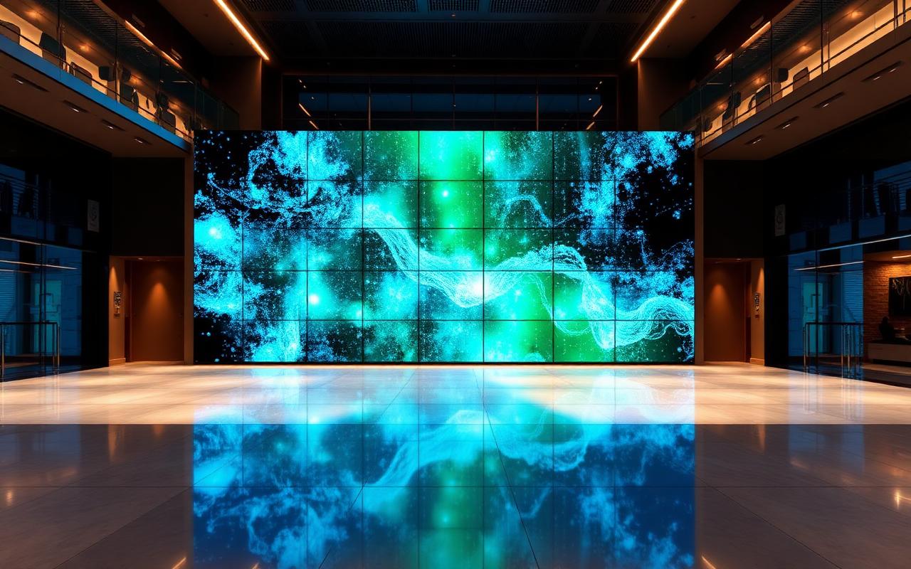 Lobby LED video wall reflected in a polished floor